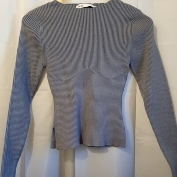 ZARA Ribbed knit Contour Bust Sweater Top M Gray Crew nk Long cap sleeve Stretch - Picture 1 of 7